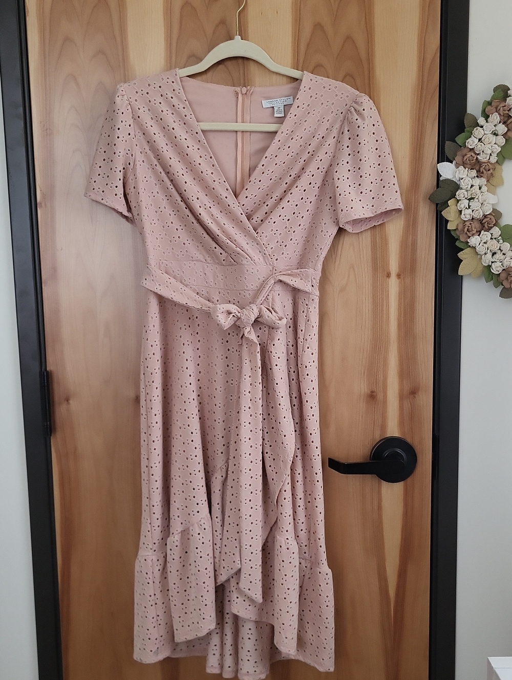 Eyelet Wrap Midi Dress in Blush Pink — Classic Feminine Style